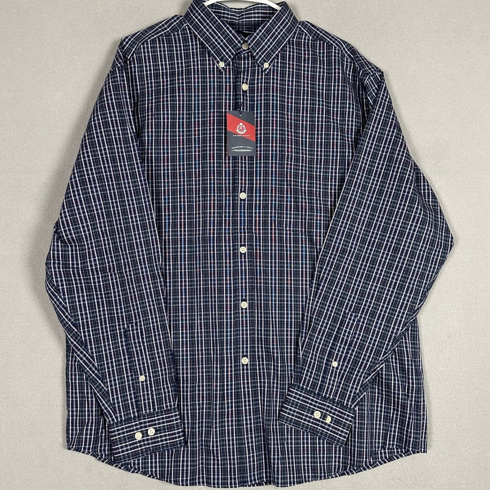 NEW Roundtree Yorke Shirt Men Large The Regal Oxford Navy Blue Plaid Button-Down